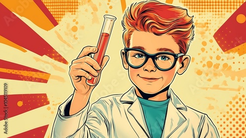 A retro pin-up pop art image of a young boy with red hair dressed as a scientist, striking a cool pose while holding a test tube.