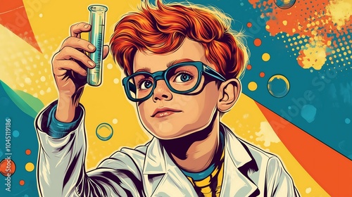 A retro pin-up pop art image of a young boy with red hair dressed as a scientist, striking a cool pose while holding a test tube.
