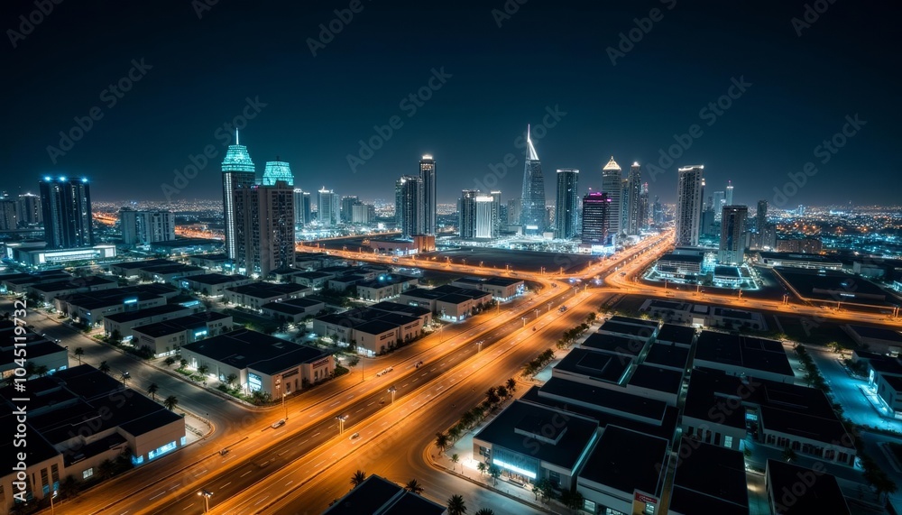 Fototapeta premium Vibrant cityscape at night illuminated by bright lights and bustling streets