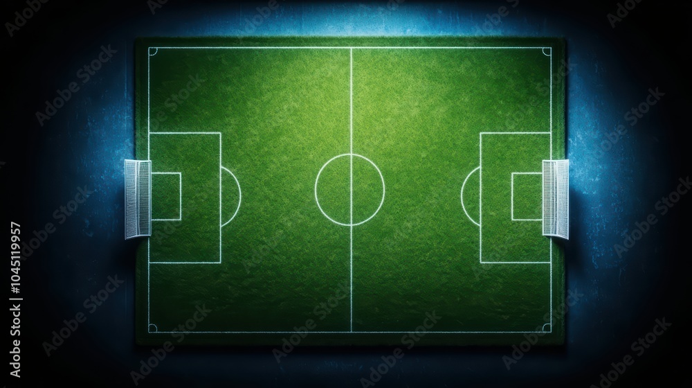Obraz premium Aerial view of a green soccer field with goalposts on a dark background, perfect for sports-related themes.