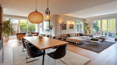 A stylish living and dining space with modern design, fancy lights, and trendy furniture.