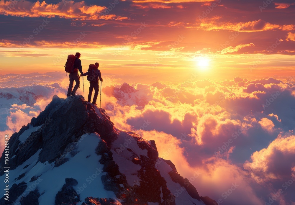 Climbers help friends reach the top of the mountain, with a very beautiful view, Generative Ai illustration Climbers help friends reach the top of the mountain, with a very beautiful view, Generative Ai illustration