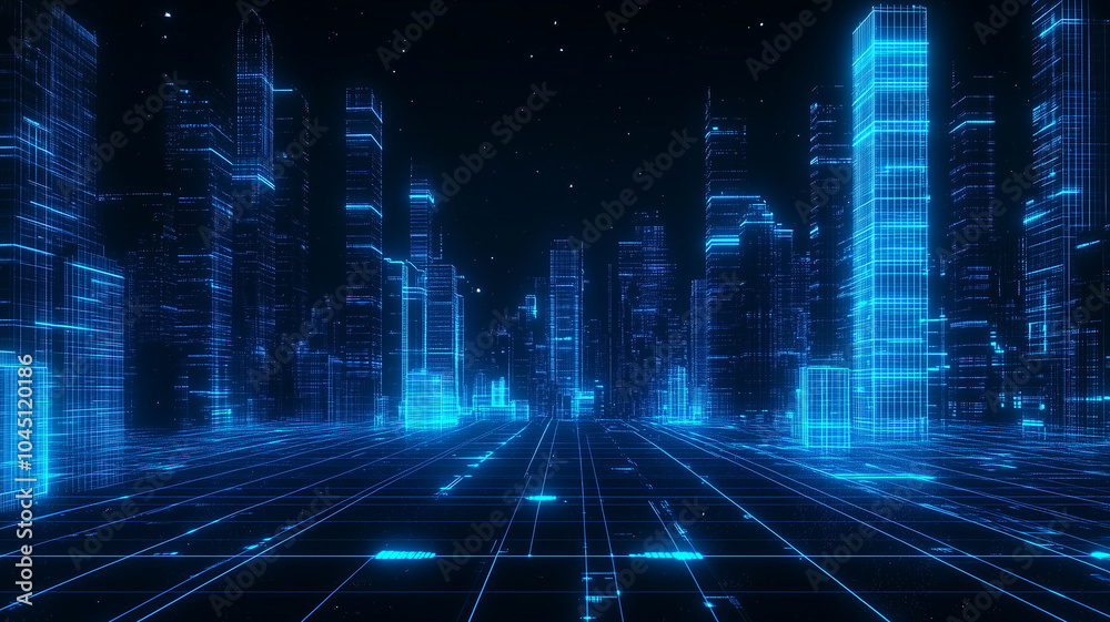 Futuristic cityscape background on wireframe landscape. Future technology, high tech banner Futuristic cityscape background on wireframe landscape. Future technology, high tech banner