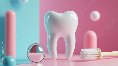 Cartoon tooth with eyes, unusual background, beautiful picture for advertising.