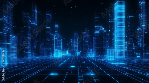 Futuristic cityscape background on wireframe landscape. Future technology, high tech banner 