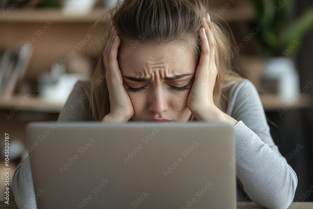 A Tired Caucasian Woman Is Feeling Stressed And Overworked. While Using Her Laptop, She Has Eye Strain And Headaches Because Of Her Heavy Workload. A Tired Caucasian Woman Is Feeling Stressed And Overworked. While Using Her Laptop, She Has Eye Strain And Headaches Because Of Her Heavy Workload.
