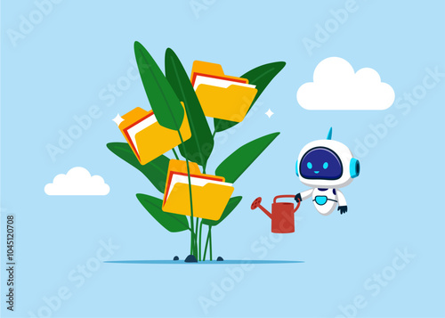 Robot finish watering growing money plant seedling with coin folder. Backup up data transfer. Organize files folder. Modern vector illustration in flat style