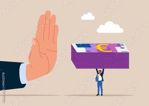 Businessman hand refuse to take illegal money banknotes euro. Man do not accept a bribe, refuse money euro. Flat vector illustration