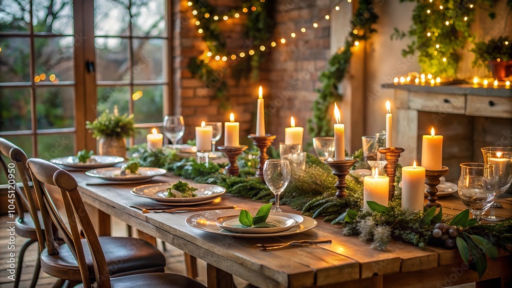 Candlelit holiday dining table with rustic decor Candlelit holiday dining table with rustic decor