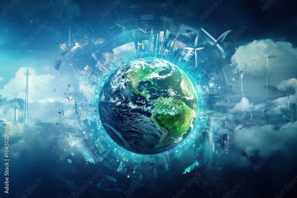 Obraz premium A futuristic Earth with advanced technology and renewable energy sources, representing the potential for sustainable development and innovation