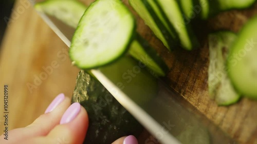 Slow motion video of cutting a cucumber with a knife in the kitchen. High quality 4k footage