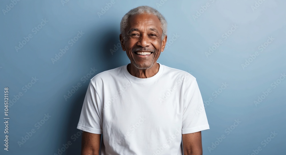 mixed race elderly man blue background wearing plain white tshirt smiling happy portrait mixed race elderly man blue background wearing plain white tshirt smiling happy portrait