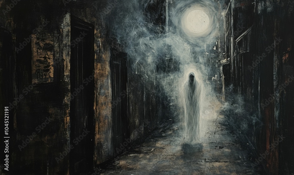 Ghostly figure in a dark, narrow alleyway. Ghostly figure in a dark, narrow alleyway.