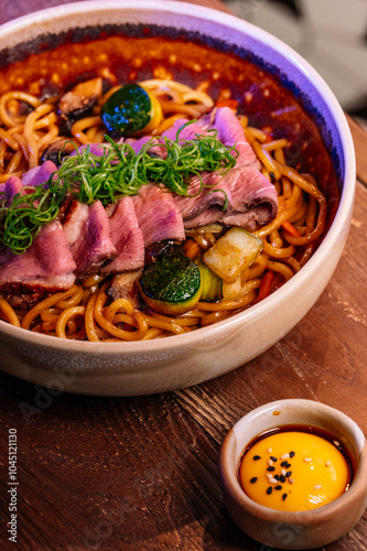 Delicious beef udon noodles with egg yolk.