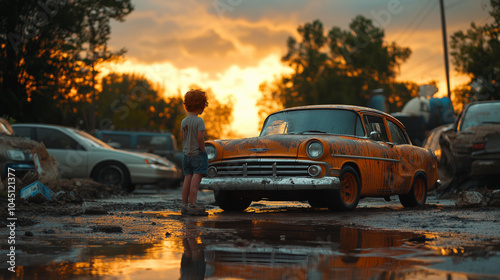 Young boy in a scrapyard looking dreamingly at a rundown but pretty, old vintage car