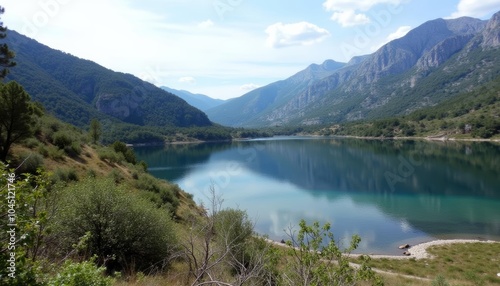  Tranquil mountain lake under clear blue sky