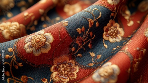 Elegant Floral Embroidered Fabric in Rich Earth Tones