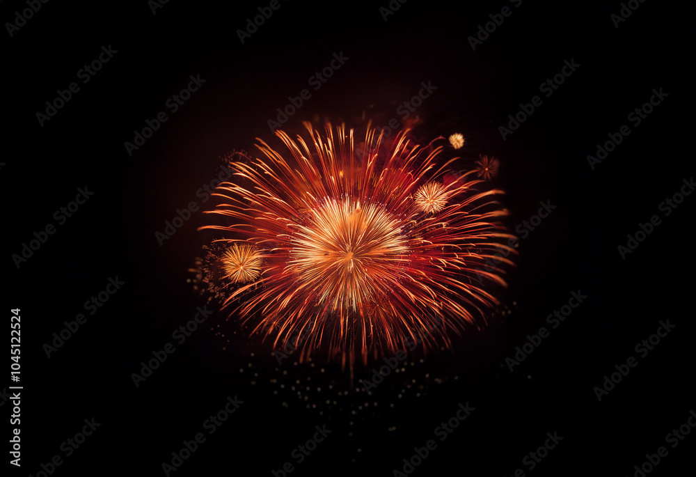 An isolated burst of orange and red fireworks against a black background. An isolated burst of orange and red fireworks against a black background.