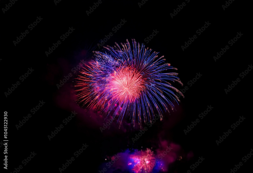 A vibrant, isolated firework bursts against a dark background, leaving trails of red and blue light. A vibrant, isolated firework bursts against a dark background, leaving trails of red and blue light.
