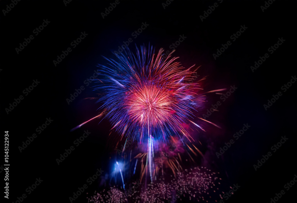 A single firework explodes in a burst of red, blue, and purple against a dark, isolated background. A single firework explodes in a burst of red, blue, and purple against a dark, isolated background.