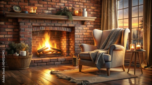 Cozy reading nook by fireplace with armchair and soft lighting