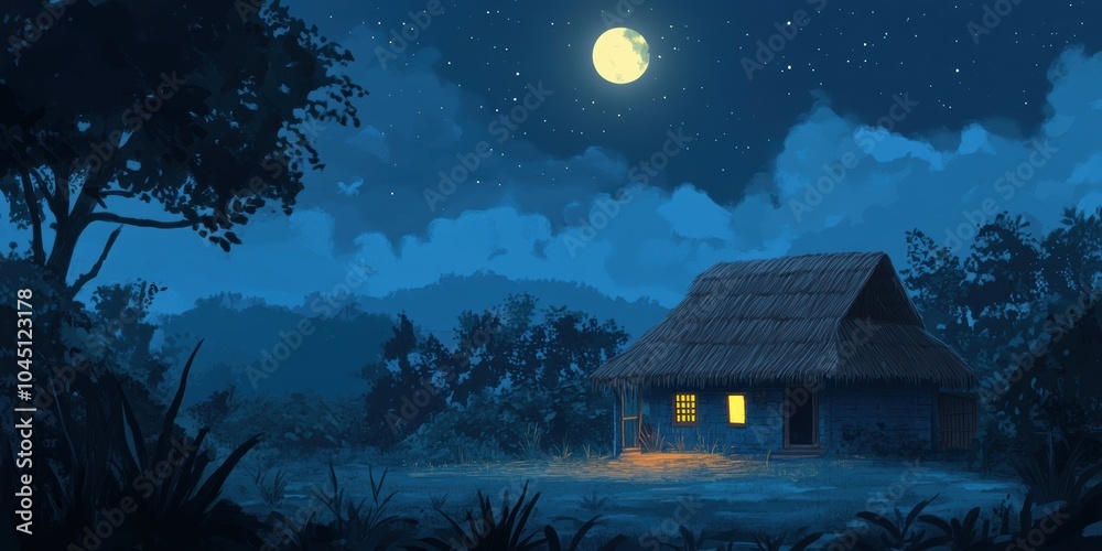 Fototapeta premium Lonely cabin lit by moonlight and a single window.