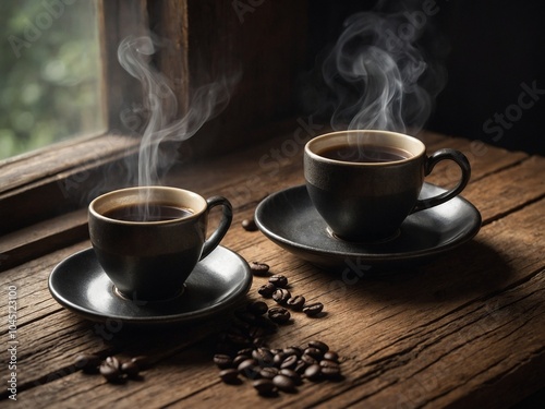 Two black coffee cups with steam rising, on wooden table with coffee beans scattered around