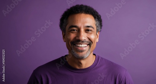 mixed race mature guy purple background wearing plain white tshirt smiling happy portrait