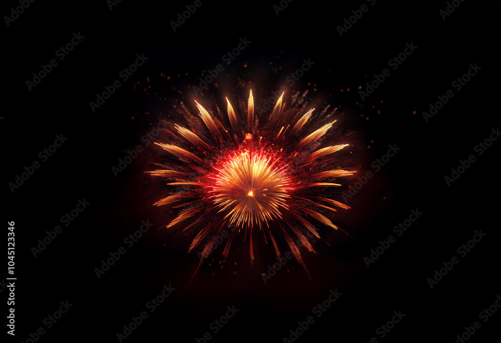 An isolated firework bursts with fiery red and gold sparks against a black background. An isolated firework bursts with fiery red and gold sparks against a black background.
