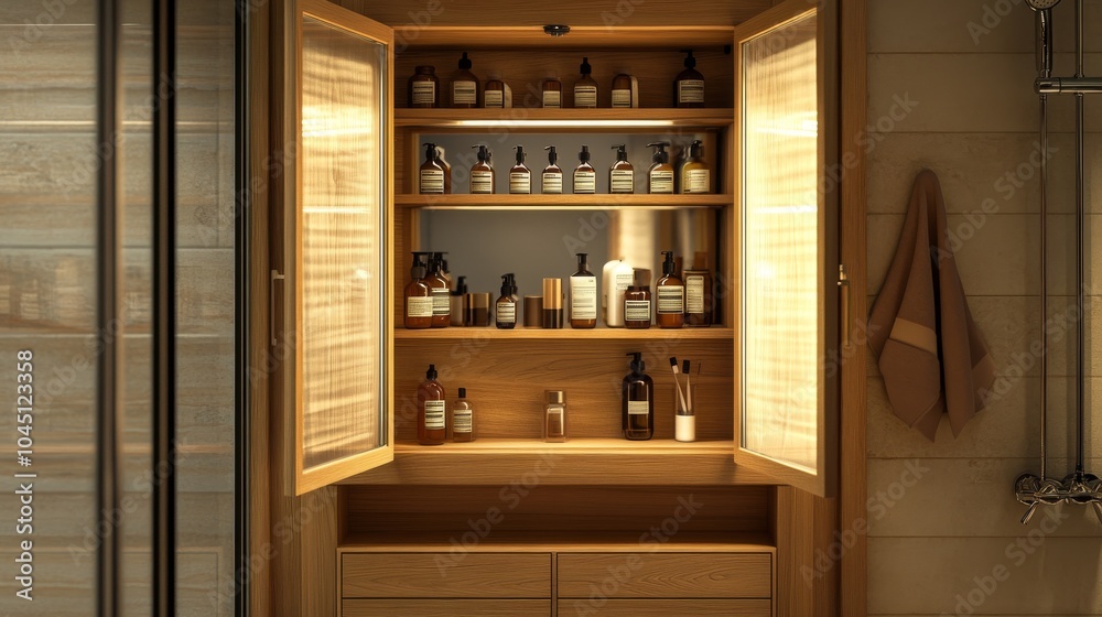 2410 102.A 3D-rendered wooden medicine cabinet in a cozy bathroom setting, the mirrored door open to reveal rows of carefully arranged pill bottles and personal items, the warm wood tones contrasting 2410 102.A 3D-rendered wooden medicine cabinet in a cozy bathroom setting, the mirrored door open to reveal rows of carefully arranged pill bottles and personal items, the warm wood tones contrasting