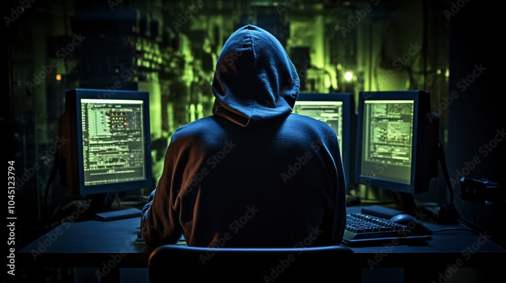 Programmer engrossed in work, face covered by computer setup from behind