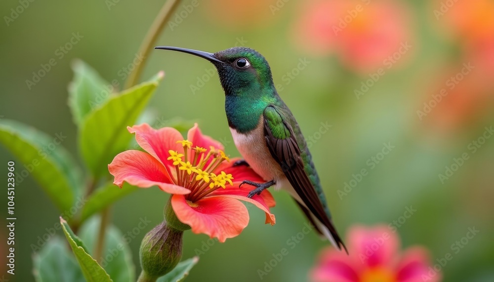 Fototapeta premium Hummingbird in flight poised on a flower vibrant colors natures beauty