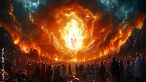 Jesus Christ is returning in glory, surrounded by fiery clouds, as multitudes gather before him. The scene evokes a sense of awe and anticipation