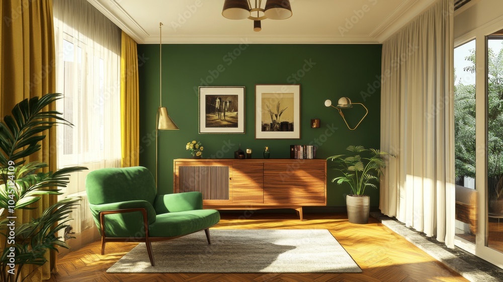 Fototapeta premium 2410 64.A bright living room interior with a bold green accent wall, complemented by a plush green armchair and a wooden cabinet, set against a backdrop of warm parquet flooring, adding a touch of
