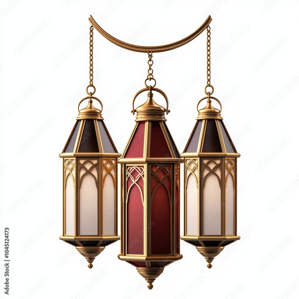Elegant hanging lantern design with three distinct shades on a white isolated background. Elegant hanging lantern design with three distinct shades on a white isolated background.