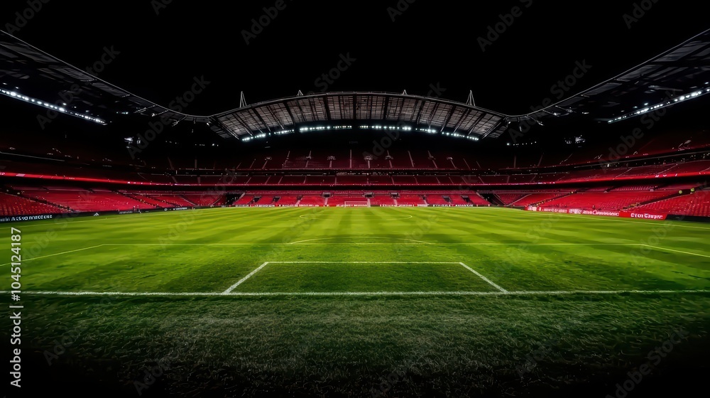 Empty football stadium with vibrant red seats and well-maintained green turf under dramatic lighting. Empty football stadium with vibrant red seats and well-maintained green turf under dramatic lighting.