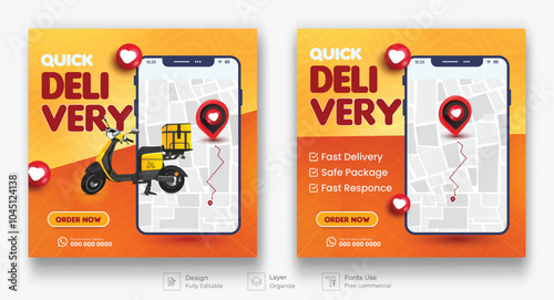 Express delivery service promotional social media post. Courier business advertisement poster collection for marketing. Fast home delivery social media post bundle.