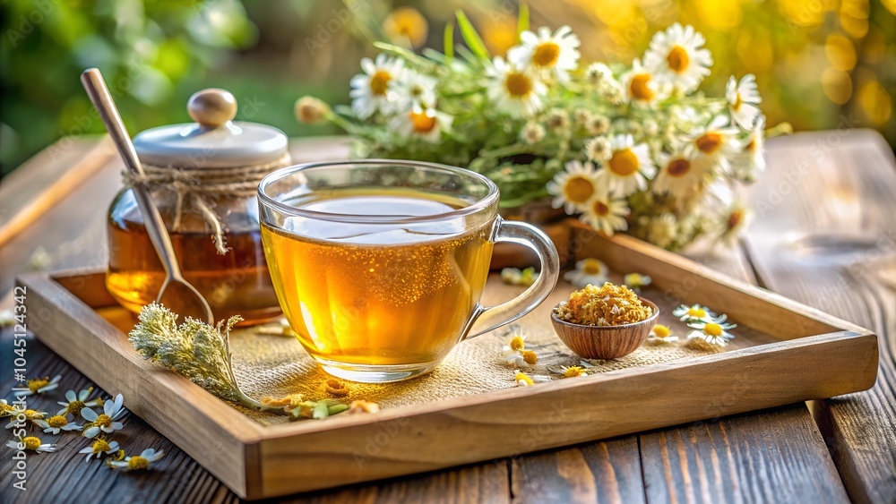 Herbal tea with chamomile flowers in a wooden tray Herbal tea with chamomile flowers in a wooden tray