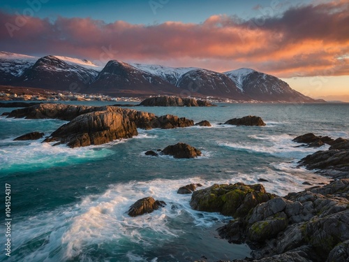 Dramatic coastal landscape with rugged mountains, crashing waves, and vibrant sunset sky. Scene features rocky shoreline with moss-covered boulders in foreground, set against backdrop of snow-capped