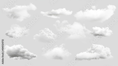 2410 38.A collection of delicate white clouds, misty fog, and light smoke textures floating seamlessly against a transparent background, each element softly diffused to capture the ethereal and