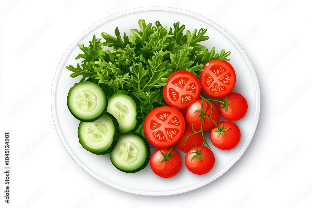 Fresh salad with cucumbers, tomatoes, and greens on a white plate, vibrant and healthy. Fresh salad with cucumbers, tomatoes, and greens on a white plate, vibrant and healthy.