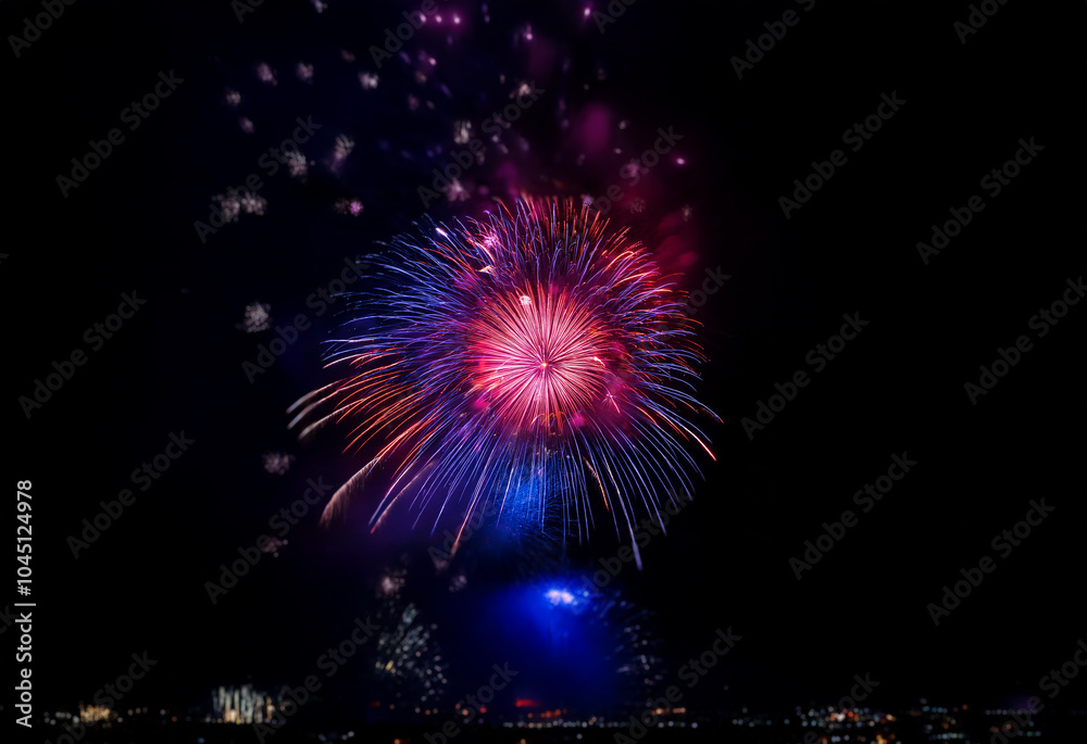 An isolated firework bursts in the night sky against a black background. The firework is a bright red, blue, and purple with streaks of light extending outward. An isolated firework bursts in the night sky against a black background. The firework is a bright red, blue, and purple with streaks of light extending outward.