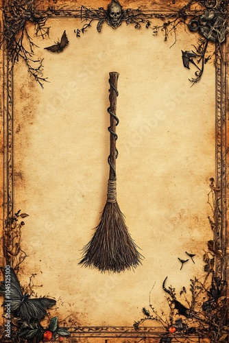 Enchanting witches' broom a mystical object surrounded by dark imagery and nature's touch photo