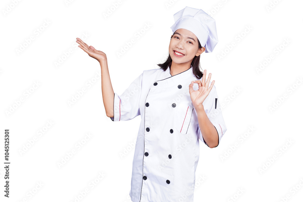 Asian woman chef in uniform showing presentation gesture isolated transparent Asian woman chef in uniform showing presentation gesture isolated transparent