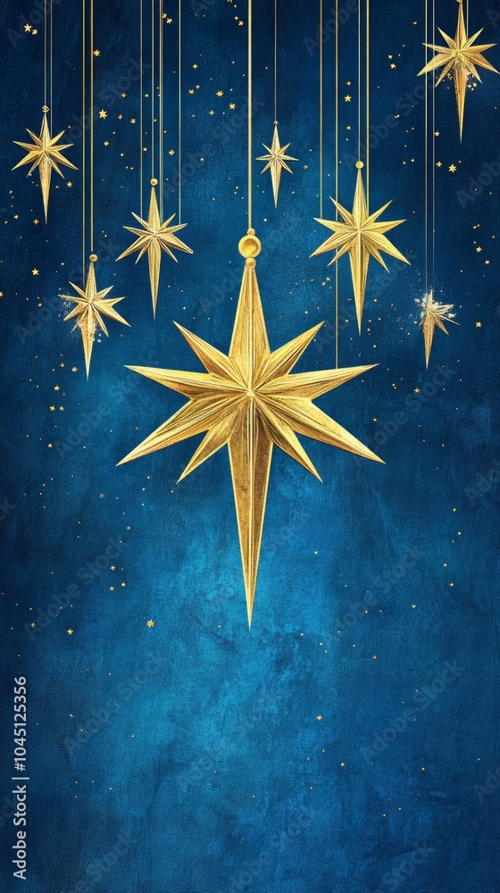 Fototapeta premium Golden christmas stars hanging on blue background with glitter