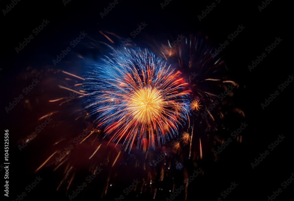 A single burst of fireworks explodes in the night sky, isolated against a black background. The fireworks are a mix of red, orange, and blue, creating a dazzling display. A single burst of fireworks explodes in the night sky, isolated against a black background. The fireworks are a mix of red, orange, and blue, creating a dazzling display.