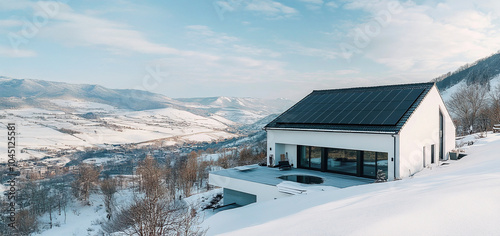 Obraz na płótnie Photo of modern black solar panels on the roof, snow in the winter landscape in the Alps with a small village and forest in the background. w salonie
