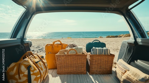 Car trunk filled with bags, beach view, sunny day, ocean in background.