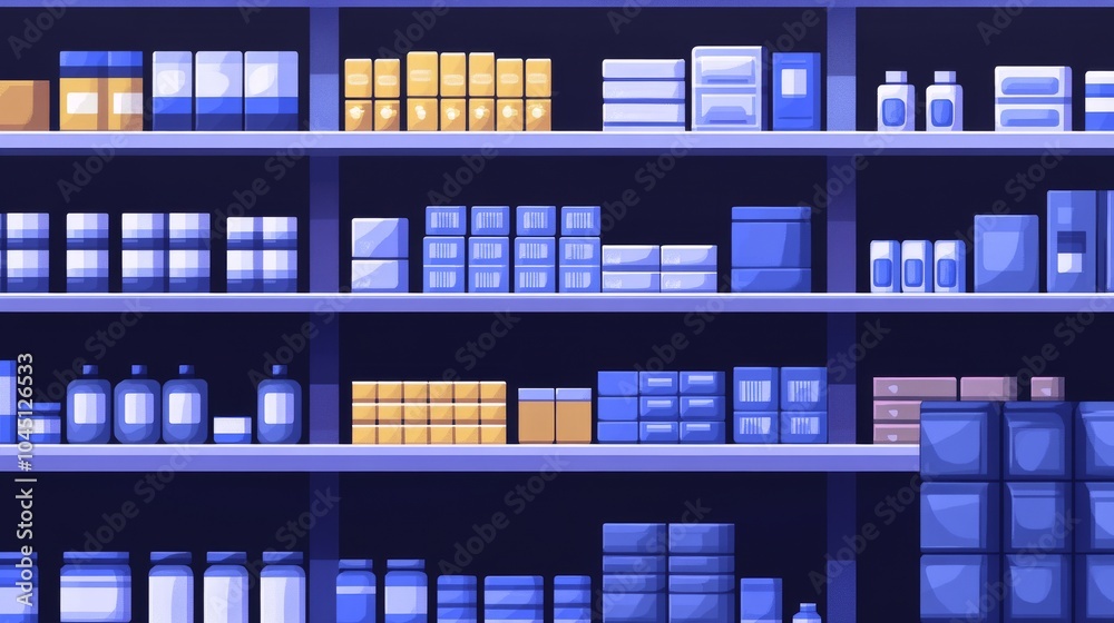 2410 124.A detailed shelving unit icon displaying multiple rows of medicines, including bottles, packets, and small boxes, all arranged neatly on clean, flat shelves, representing healthcare storage 2410 124.A detailed shelving unit icon displaying multiple rows of medicines, including bottles, packets, and small boxes, all arranged neatly on clean, flat shelves, representing healthcare storage