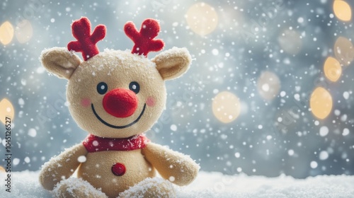 Rudolph the Reindeer, a plush toy, is smiling against a snowy backdrop, perfect for the Christmas season.